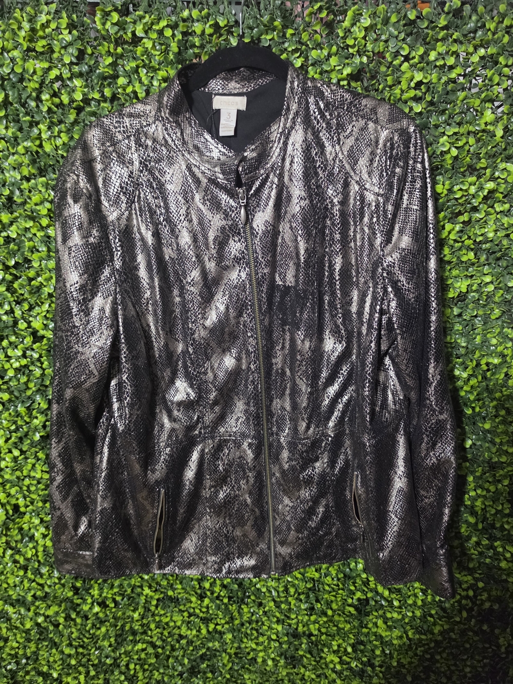 Cato Metallic Black Snake-Print Zip Jacket